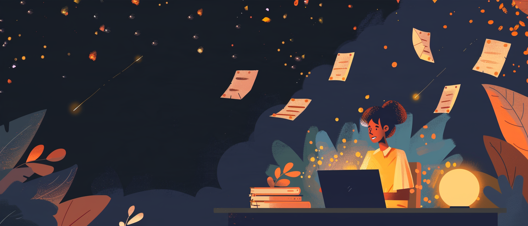 Illustration of a creative working at a glowing laptop at night, pages of notes drifting up into a starry sky